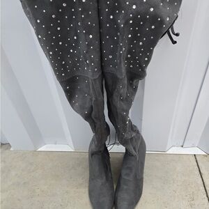 Studded Over-the-Knee Boots in Gray Suede